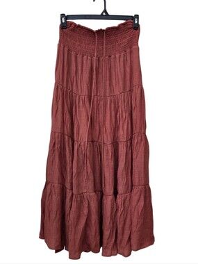 HYFVE Rust Knit Solid Tiered Skirt Elastic Waist smocked High Rise Long L